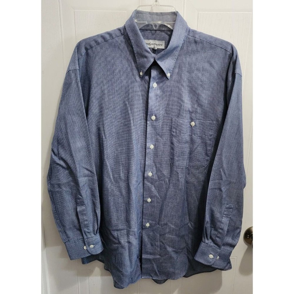 VTG Yves Saint Laurent Blue Woven‎ Dress Shirt LS Button Down Size L 16.5 32-33